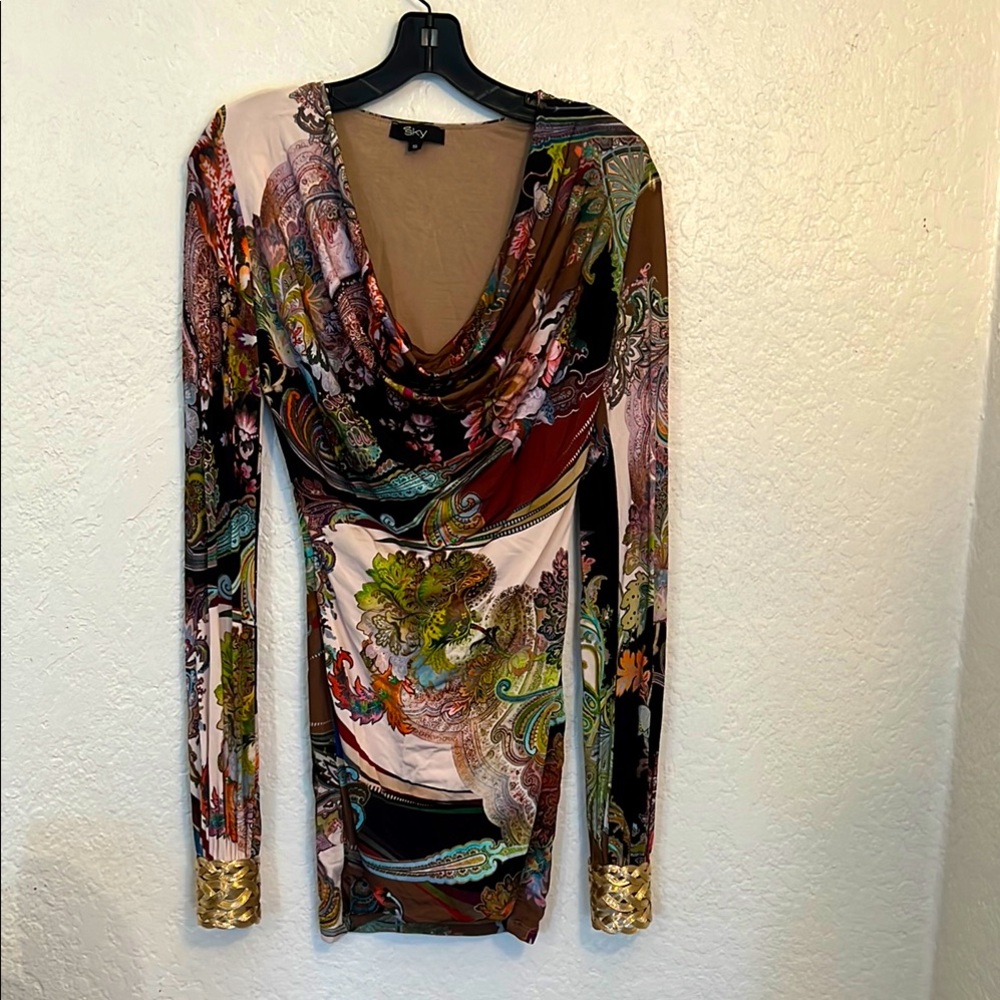 VINTAGE By Sky multi color dress with Gold cuffs - Picture 1 of 7